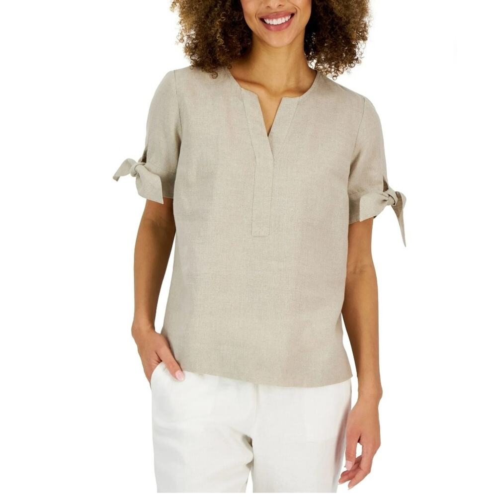 Charter Club 100% Linen Split-Neck Top with Tie Sleeves – Size S, Beige